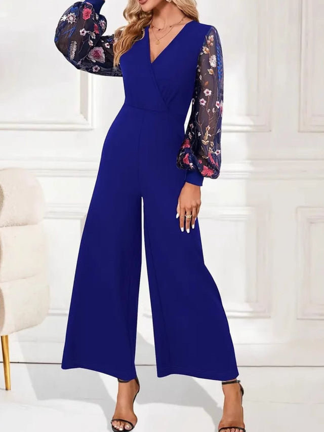 Surplice Embroidered Long Sleeve Wide Leg Jumpsuit Trendsi Hanalas