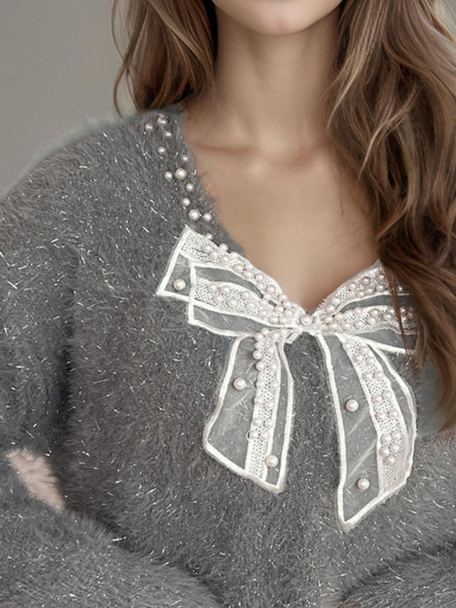 Bow Pearl Detail V-Neck Long Sleeve Sweater Trendsi Hanalas