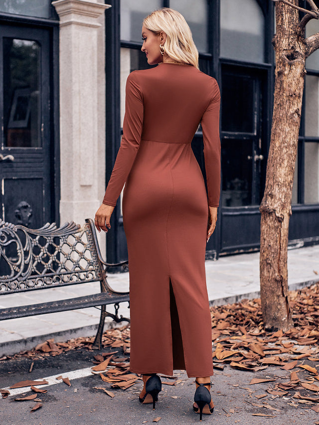 Slit Twisted Surplice Long Sleeve Dress | Hanalas