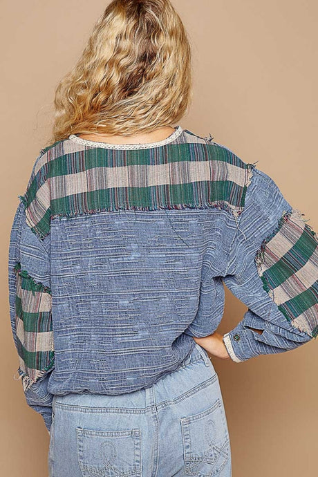 POL Round Neck Long Sleeve Plaid Shirt