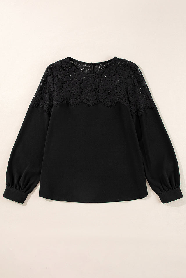 Lace Detail Round Neck Long Sleeve Blouse | Hanalas