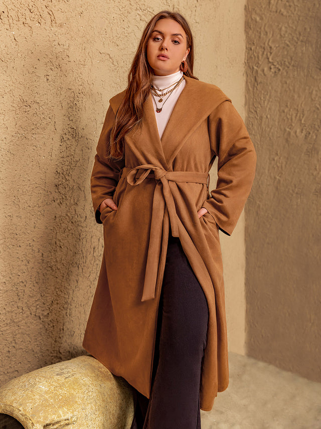 Plus Size Tied Long Sleeve Hooded Coat with Pockets Trendsi Hanalas