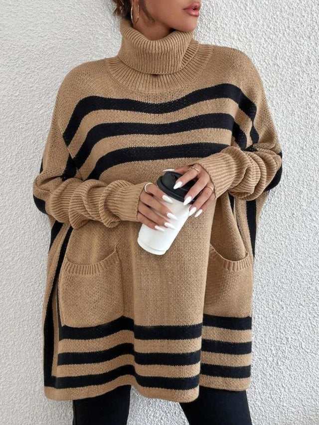 Striped Turtleneck Batwing Sleeve Sweater with Pockets | Hanalas