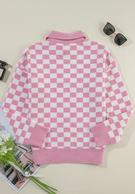 Checkered Collared Neck Long Sleeve Sweater | Hanalas