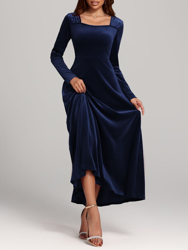 Square Neck Long Sleeve Velvet Dress | Hanalas