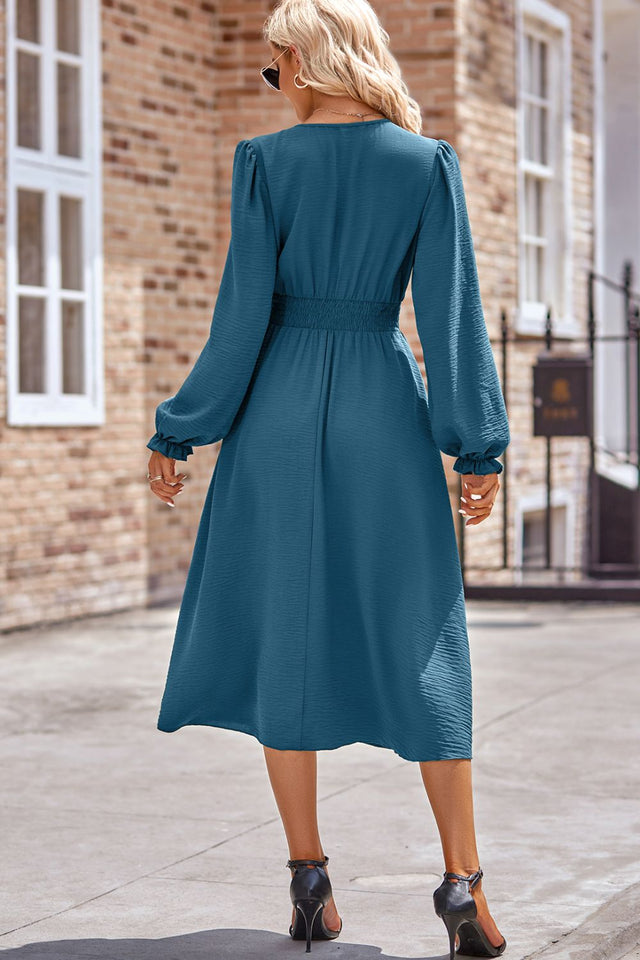 Smocked V-Neck Flounce Sleeve Midi Dress | Hanalas