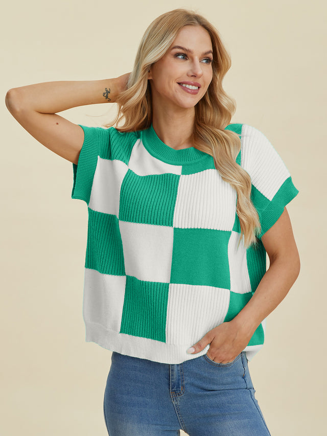 Double Take Full Size Checkered Round Neck Short Sleeve Sweater Trendsi Hanalas