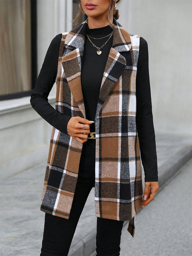 Tied Plaid Collared Neck Vest | Hanalas