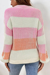 Striped Color Block Round Neck Long Sleeve Sweater