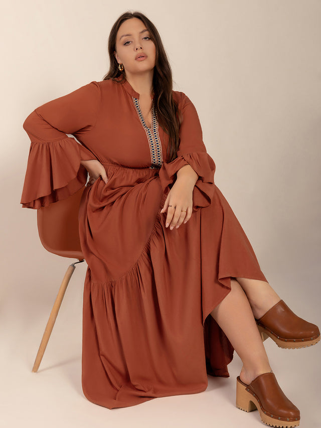 Plus Size Ruffled Notched Long Sleeve Midi Dress Trendsi Hanalas