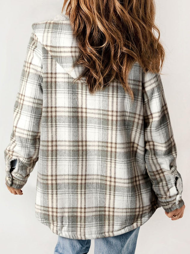 Plaid Snap Down Plush Hooded Jacket | Hanalas