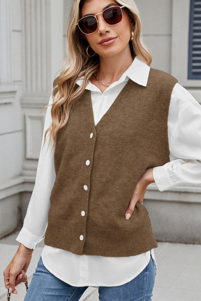 Button Down V-Neck Sweater Vest | Hanalas