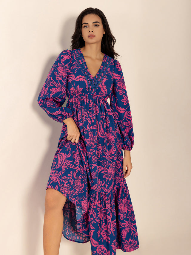 Printed V-Neck Long Sleeve Midi Dress Trendsi Hanalas