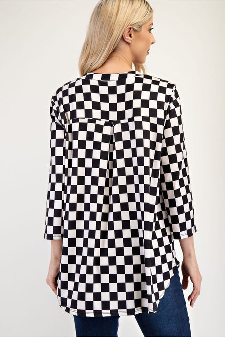 Celeste Full Size Curved Hem Checkered Notched Blouse | Hanalas