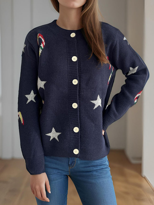 Candy Cane & Star Button Down Long Sleeve Cardigan Trendsi Hanalas