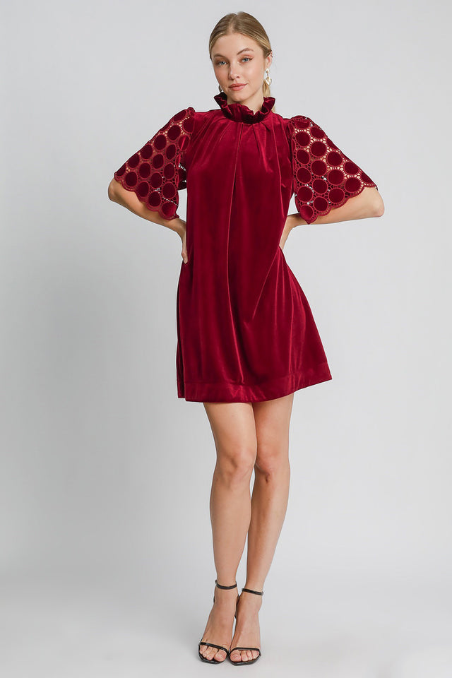 Umgee Dotted Lace Half Sleeve Mock Neck Back Tie Velvet Dress | Hanalas