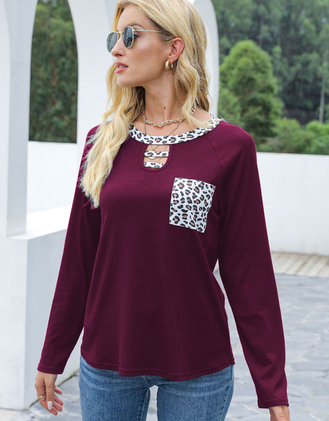 Cutout Leopard Round Neck Long Sleeve T-Shirt | Hanalas