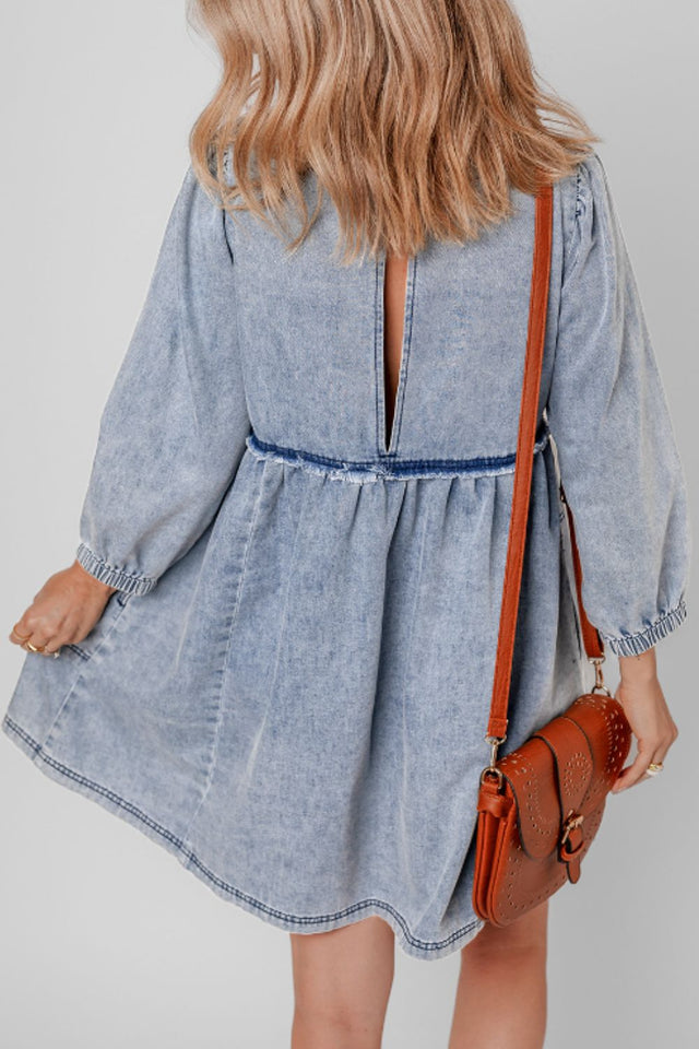 Cutout Round Neck Balloon Sleeve Denim Dress Trendsi Hanalas