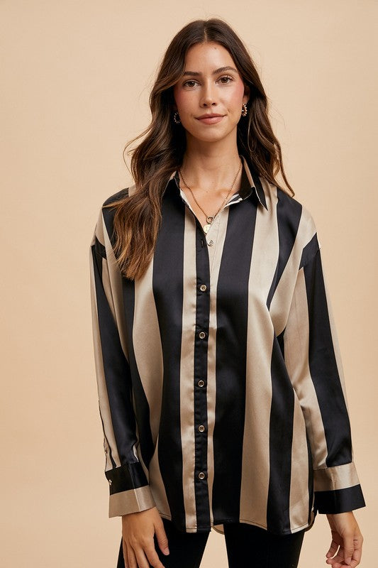 Annie Wear Striped Dropped Shoulder Button Up Shirt | Hanalas