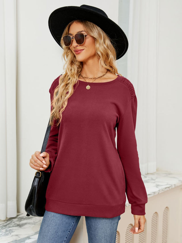 Ruched Shoulder Round Neck Long Sleeve Sweatshirt | Hanalas