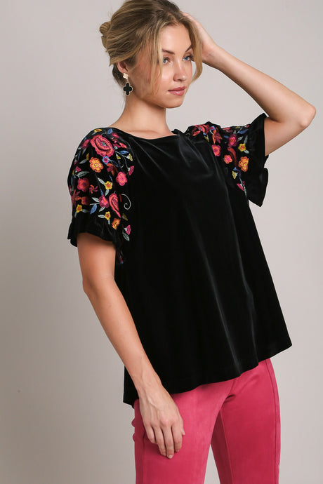 Umgee Full Size Velvet Embroidery Short Sleeve Blouse | Hanalas