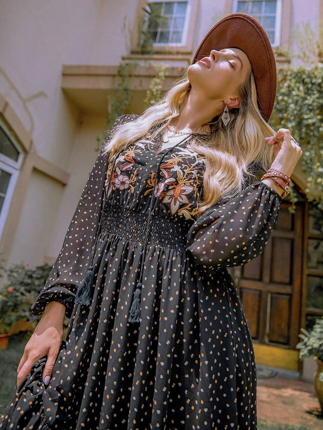 Embroidered Polka Dot Tie Neck Long Sleeve Midi Dress Trendsi Hanalas