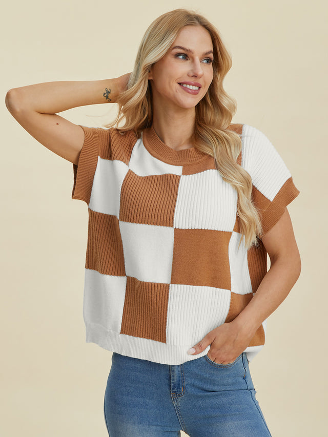 Double Take Full Size Checkered Round Neck Short Sleeve Sweater Trendsi Hanalas