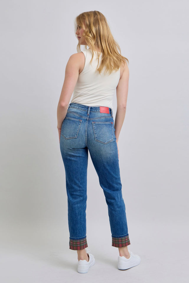 Judy Blue Full Size Plaid Print Cuff Straight Leg Jeans with Pockets | Hanalas