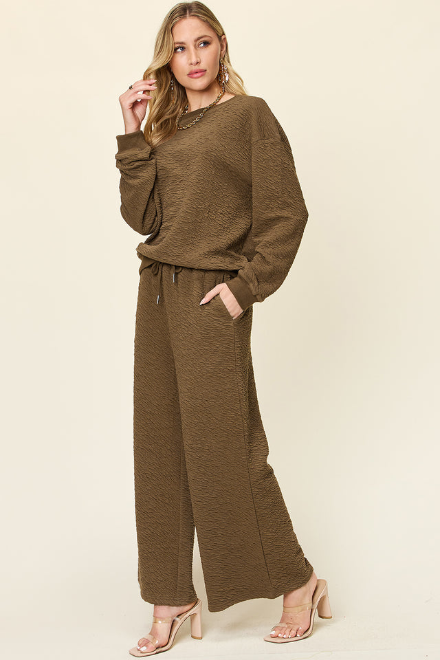 Double Take Full Size Texture Long Sleeve Top and Pants Set | Hanalas