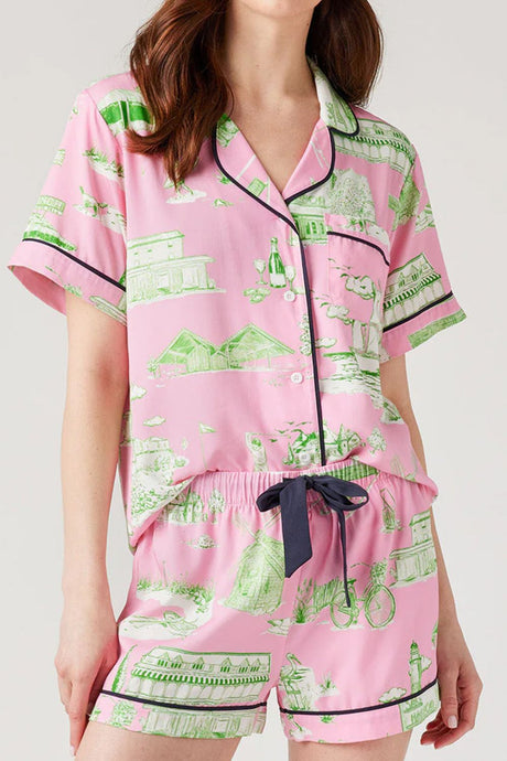 Collared Neck Printed Top and Drawstring Shorts Lounge Set | Hanalas