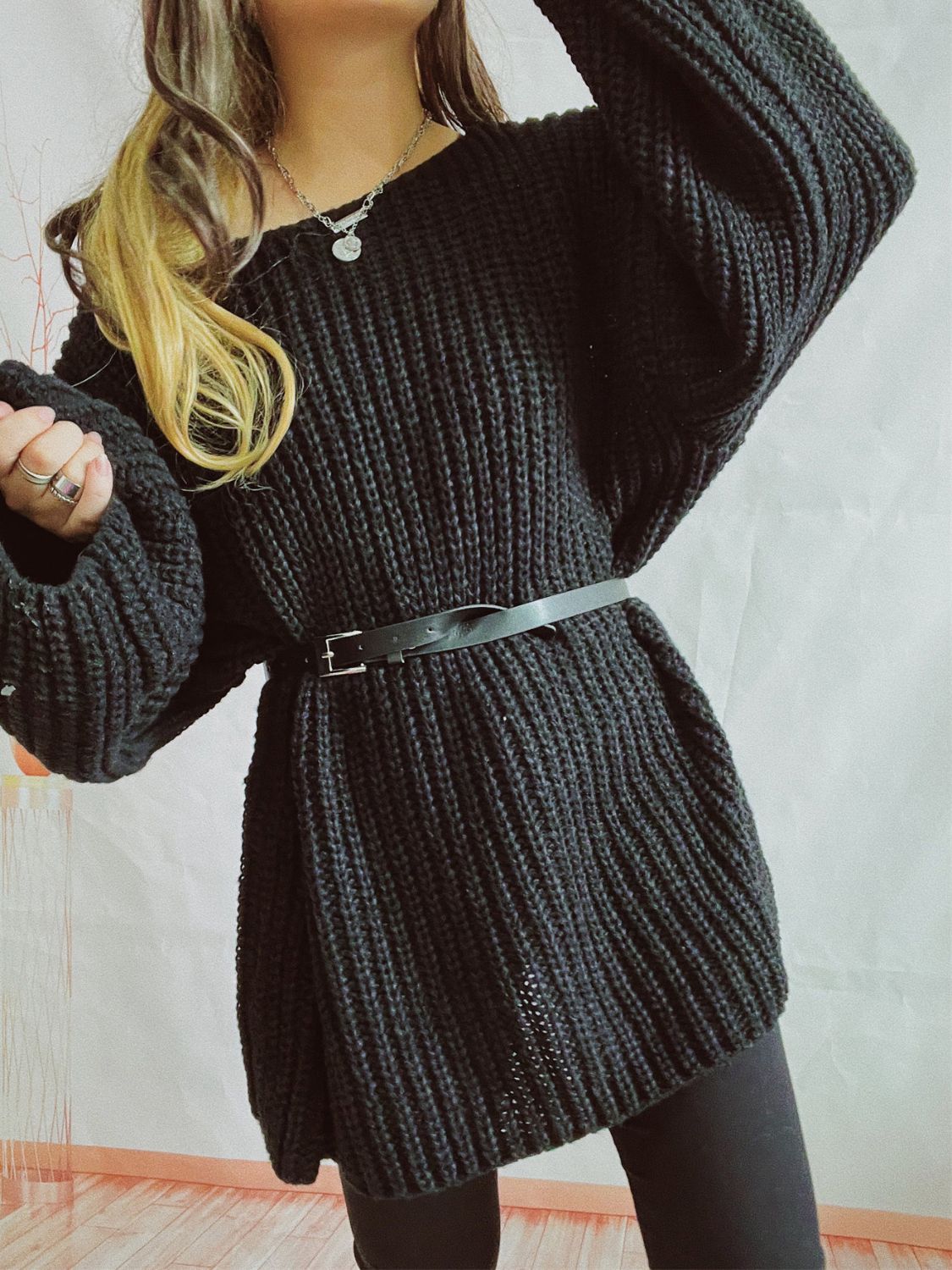 Boat Neck Long Sleeve Sweater with Belt