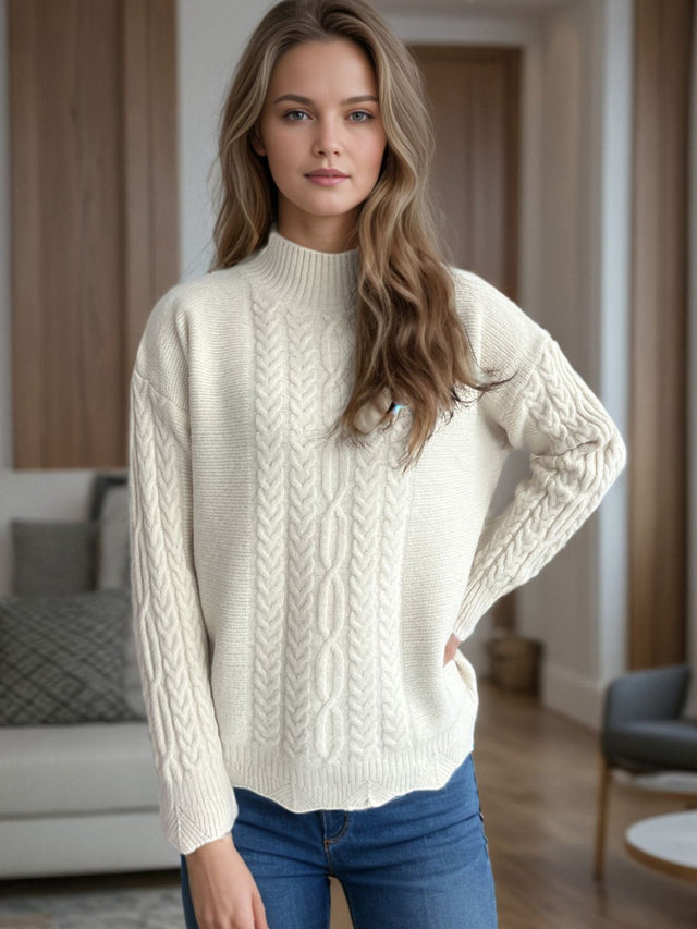 Cable-Knit Mock Neck Dropped Shoulder Sweater | Hanalas