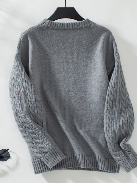 Cable-Knit Round Neck Long Sleeve Sweater Trendsi Hanalas