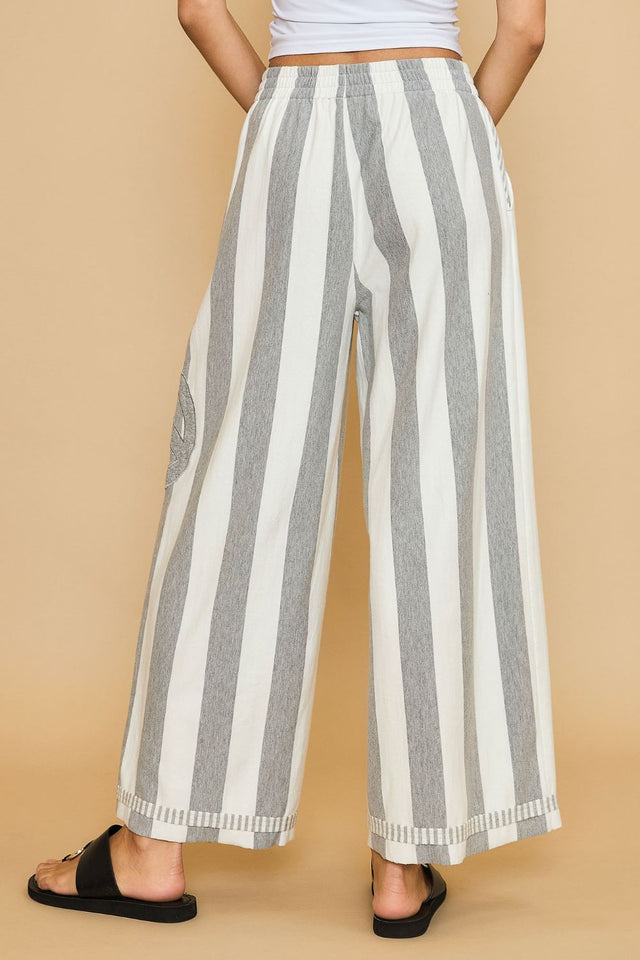 Umgee Peace Sign Patch Striped Wide Leg Pants | Hanalas