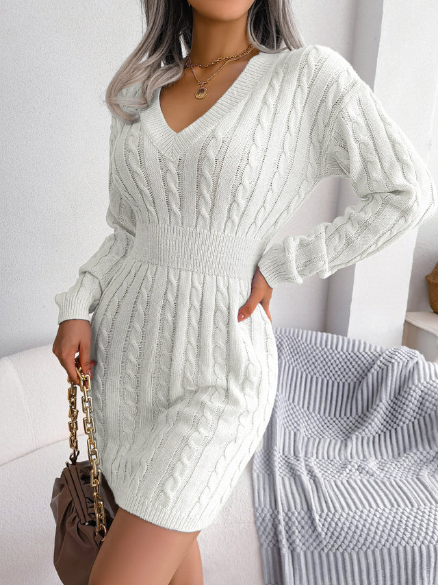 Cable-Knit V-Neck Mini Sweater Dress