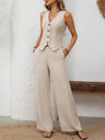 V-Neck Button Down Vest and Wide Leg Pants Set | Hanalas