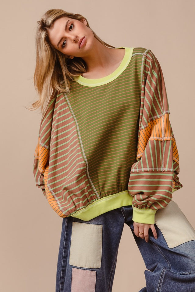 BiBi Color Block Striped Round Neck Sweatshirt Trendsi Hanalas