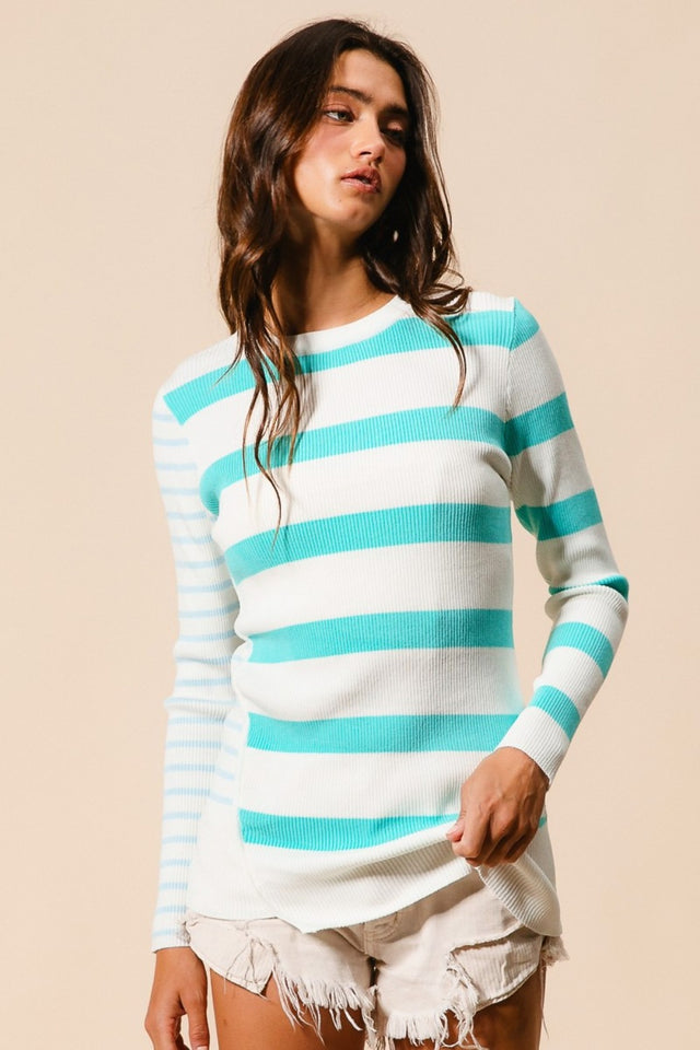 BiBi Contrast Striped Asymmetrical Hem Knit Top | Hanalas