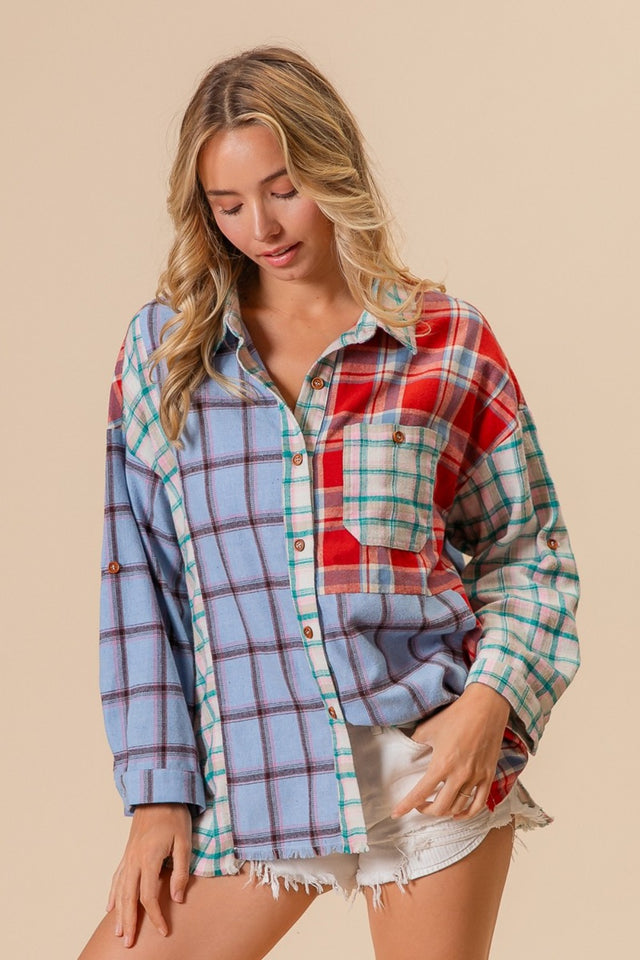 BiBi Color Block Plaid Button Down Shirt | Hanalas