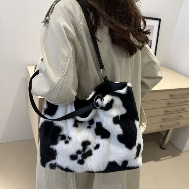 Cow Print Furry Tote Bag Trendsi Hanalas