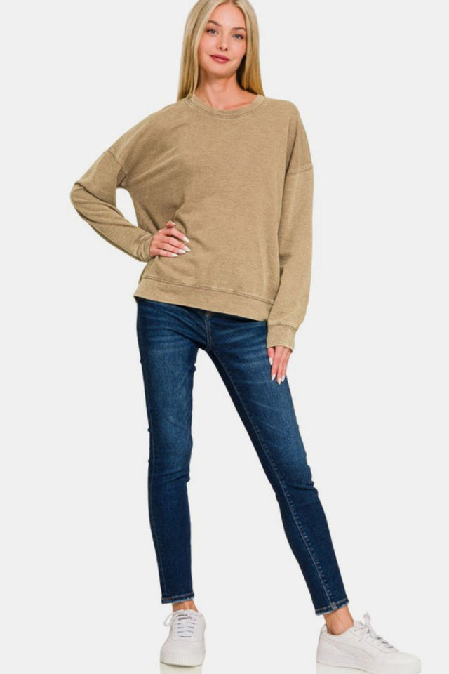 Zenana Washed Round Neck Dropped Shoulder Sweatshirt | Hanalas