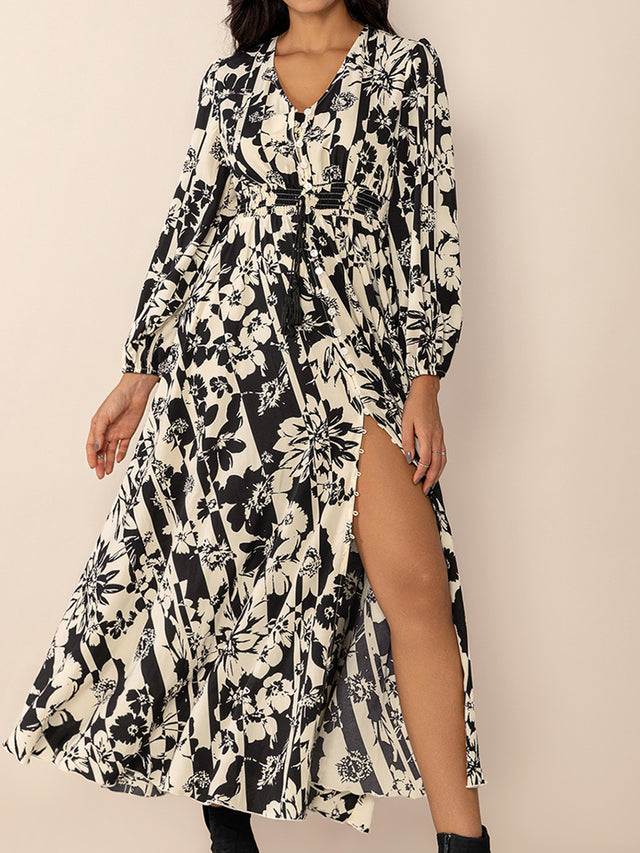 Tied Printed V-Neck Long Sleeve Midi Dress Trendsi Hanalas