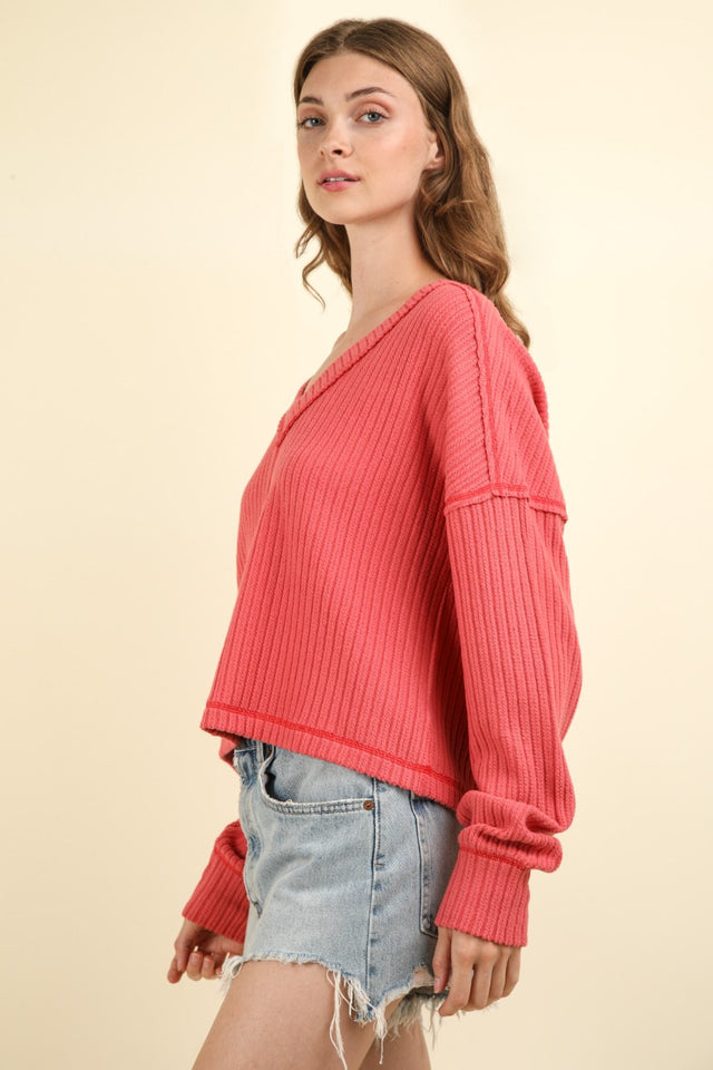 VERY J Exposed Seam V-Neck Ribbed Knit Top | Hanalas