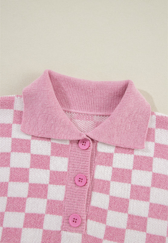 Checkered Collared Neck Long Sleeve Sweater | Hanalas