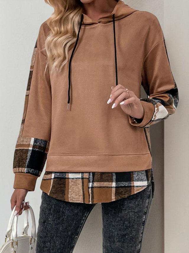 Perfee Drawstring Slit Plaid Long Sleeve Hoodie Trendsi Hanalas