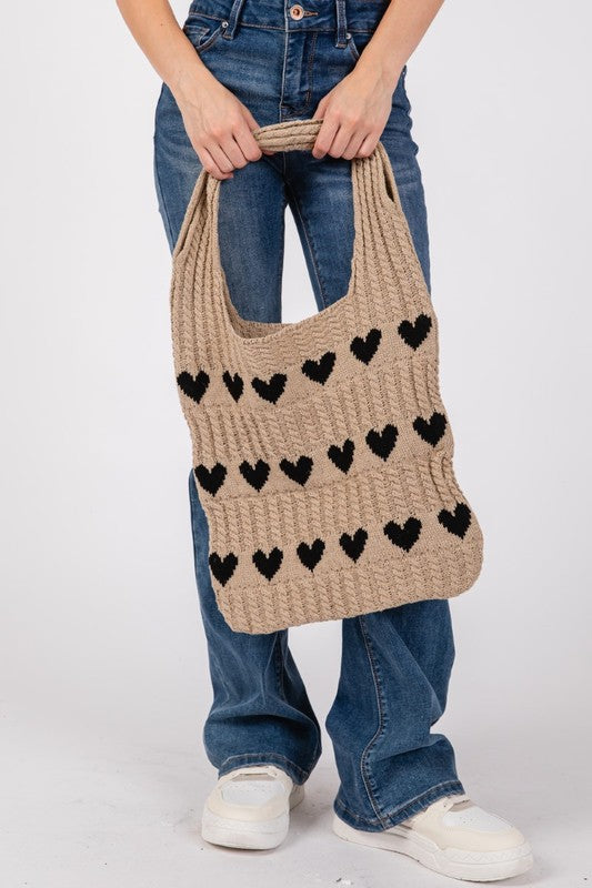 Fame Contrast Heart Crochet Tote Bag | Hanalas