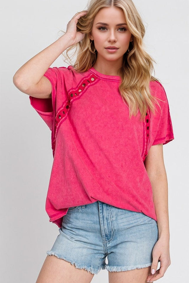 Double Take Full Size Cutout Round Neck Short Sleeve T-Shirt | Hanalas