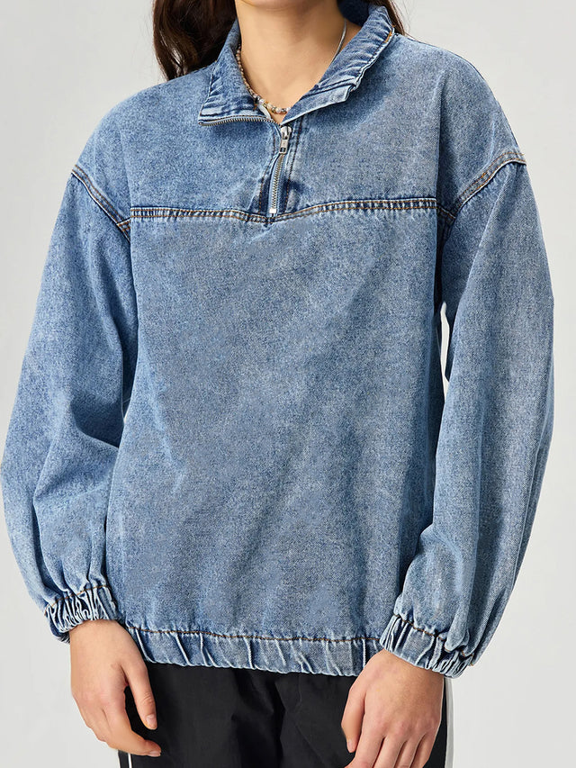 Quarter Zip Collared Neck Denim Top | Hanalas