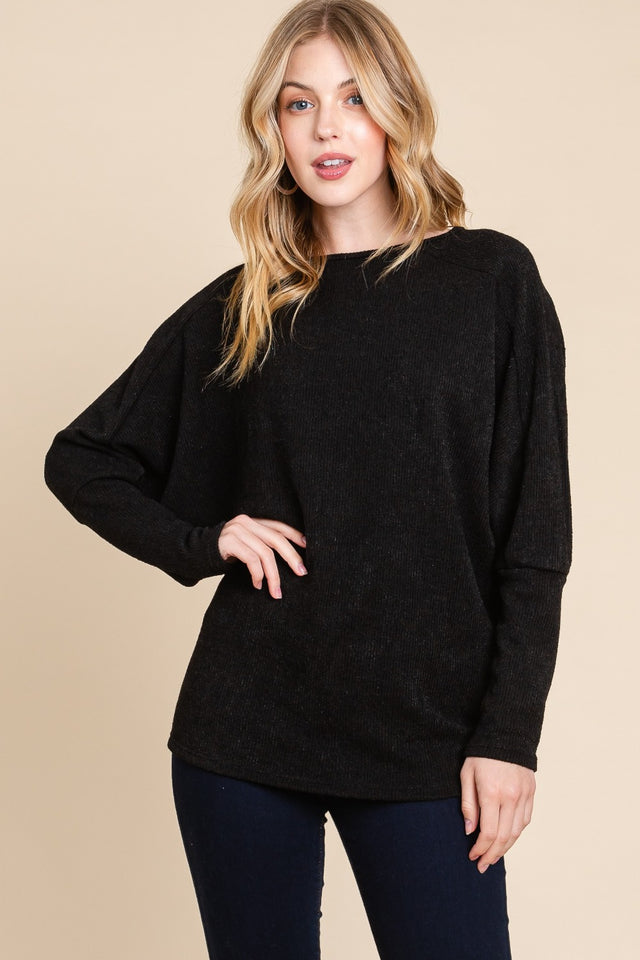 BOMBOM Drop Shoulder Long Sleeve Knit Top Trendsi Hanalas