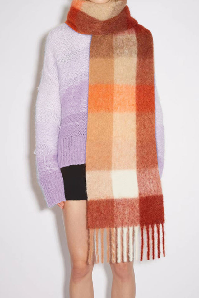 Thermal Fringe Contrast Plaid Scarf | Hanalas